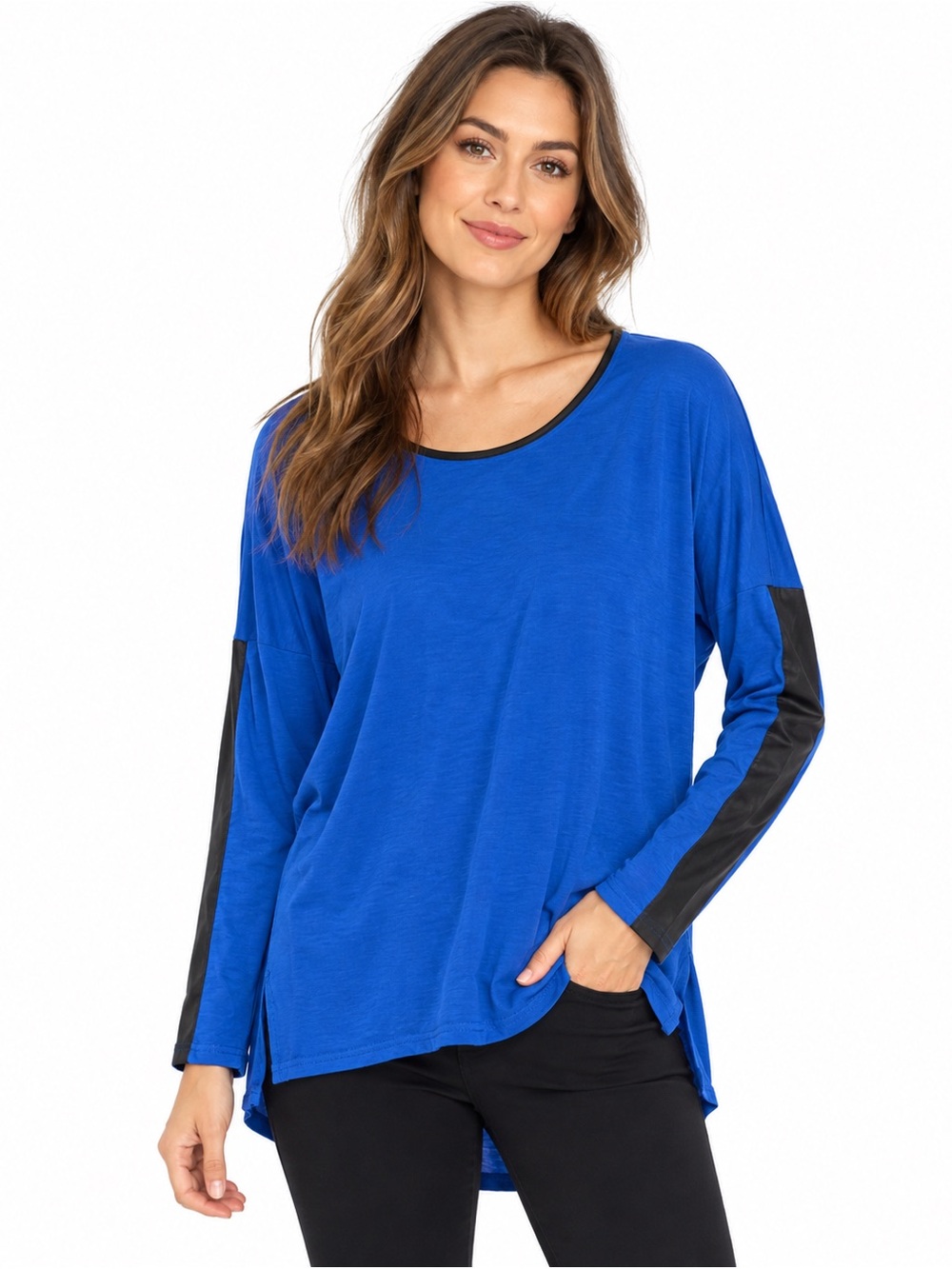 Kenneth Cole New York Cobalt Blue Black Trim Long Sleeve Top Size M